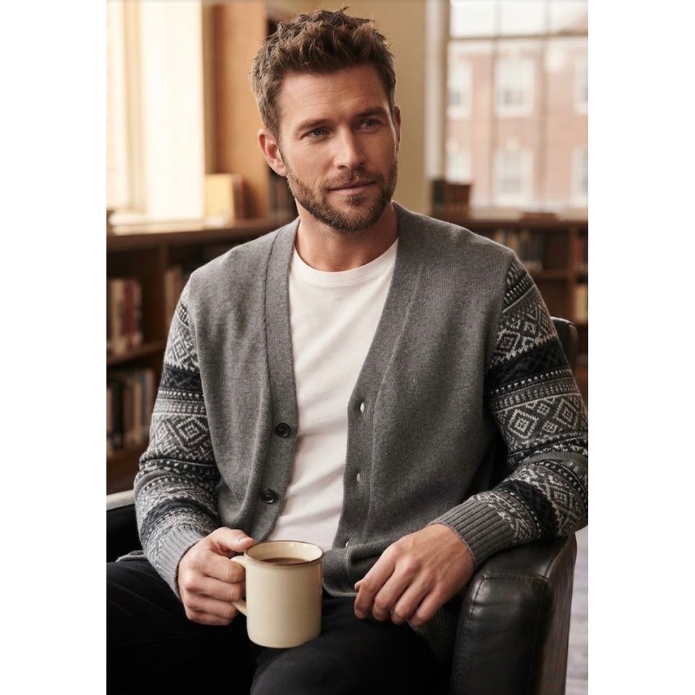 Aeropostale Mens Gray Fair Isle Sleeve Button Front V-Neck Cardigan Sweater M